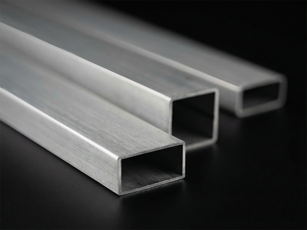 Verschiedene Edelstahl-Vierkantrohre in unterschiedlichen Größen, präzise geschnitten und auf glänzender schwarzer Fläche ausgelegt