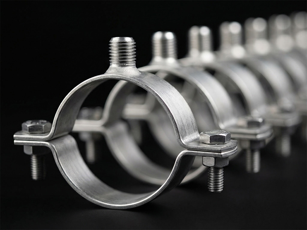 Unterschiedliche Rohrschellen und Rohrhalter aus Edelstahl mit Schrauben und Befestigungselementen für Rohrinstallationen.