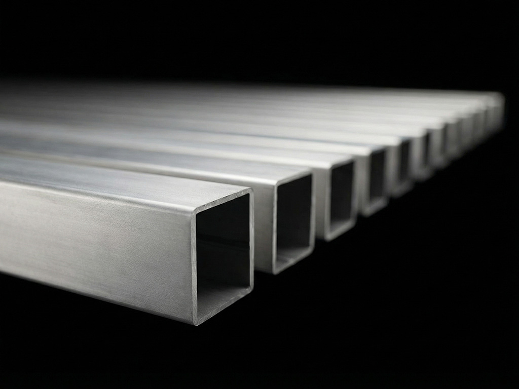 Detailaufnahme von Edelstahl-Vierkantrohren mit gebürsteter Oberfläche und klar definierten Kanten, auf dunklem Hintergrund