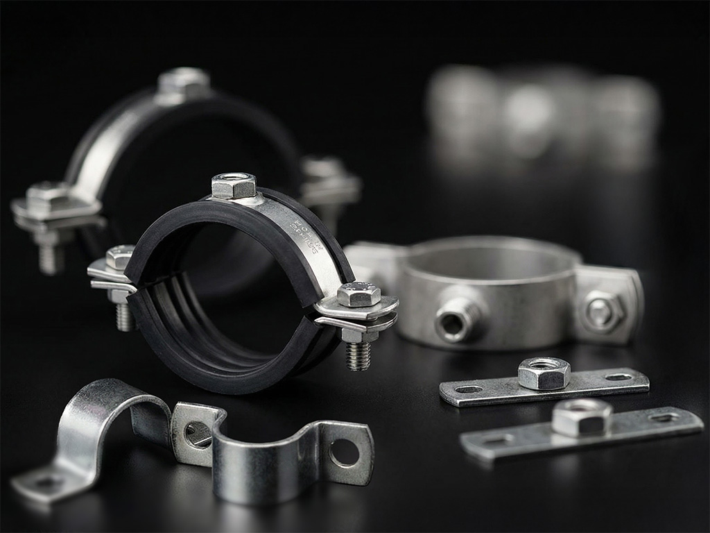 Verschiedene Rohrschellen und Rohrhalter aus Edelstahl mit Gummieinlage zur stabilen Befestigung von Rohrleitungen.