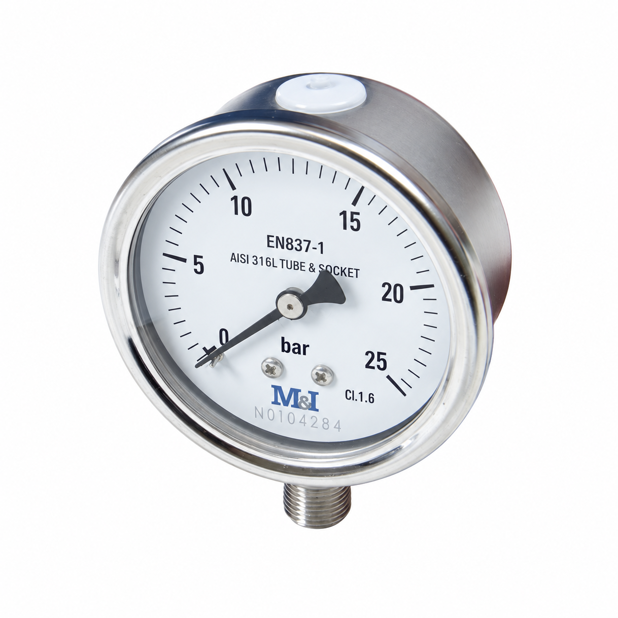 Edelstahlmanometer Ø 63 mm 1/4" - Anschluss unten,  0 bis 25 bar Druckber.