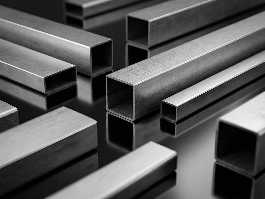 Mehrere Edelstahl-Vierkantrohre in Reihe angeordnet, gleichmäßige Kanten und gebürstete Oberfläche auf schwarzem Hintergrund